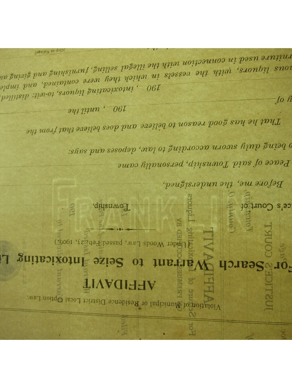 Antique Pre-Prohibition Ohio Affidavit Search Warrant to Seize Liquor Form Blank
